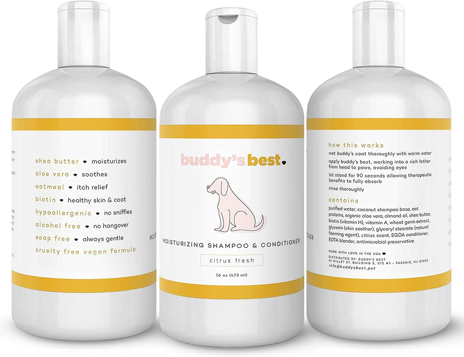 Buddy's Best Oatmeal Dog Shampoo and Conditioner for Sensitive Skin - Moisturizing Formula with Citrus Fresh Scent, 16 oz