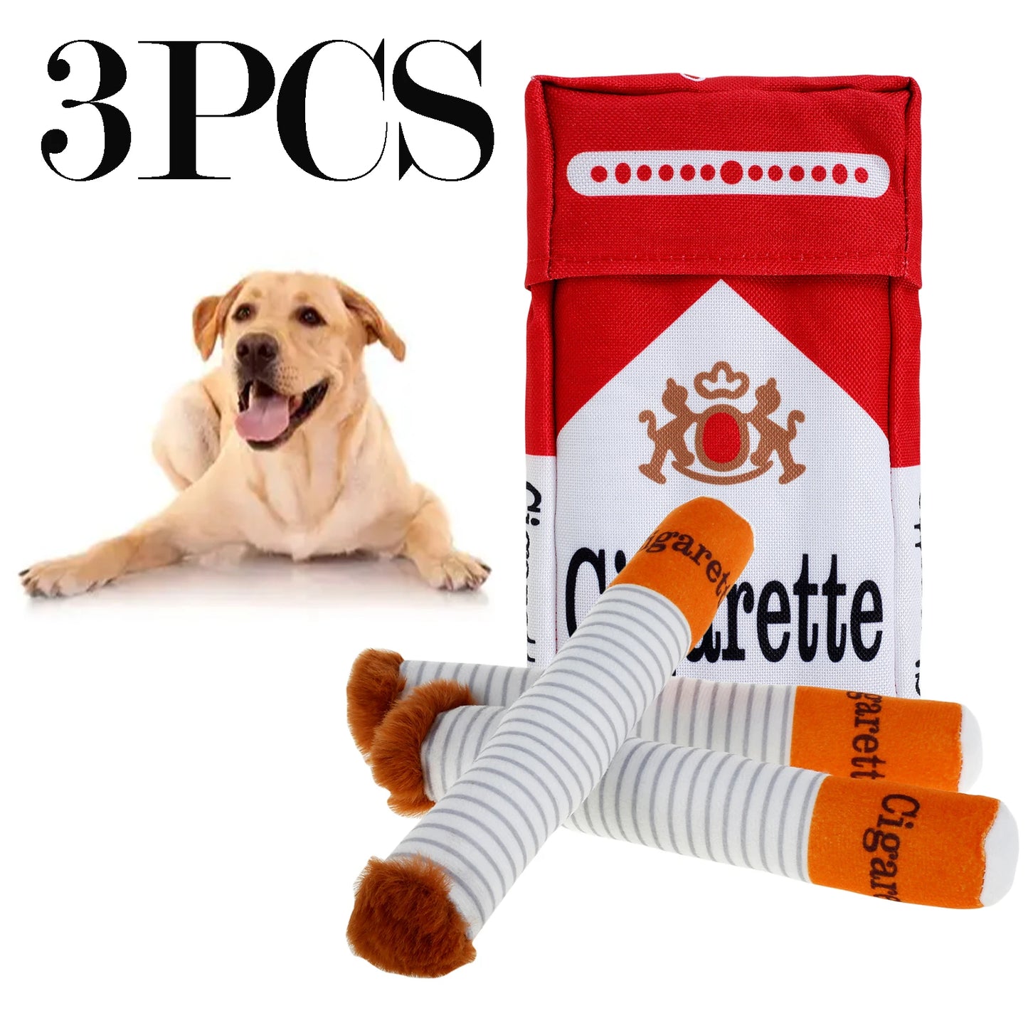 3Pcs Dog Cigarette Butt Plush Toy Creatives Products Cigarette Butt Design Dogs Chew Toys Funny Squeaky Pet Toys for Playing